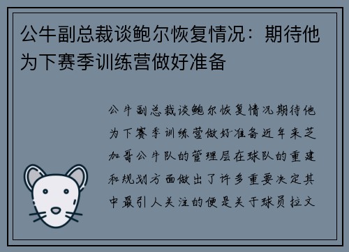 公牛副总裁谈鲍尔恢复情况：期待他为下赛季训练营做好准备