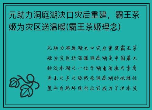 元助力洞庭湖决口灾后重建，霸王茶姬为灾区送温暖(霸王茶姬理念)
