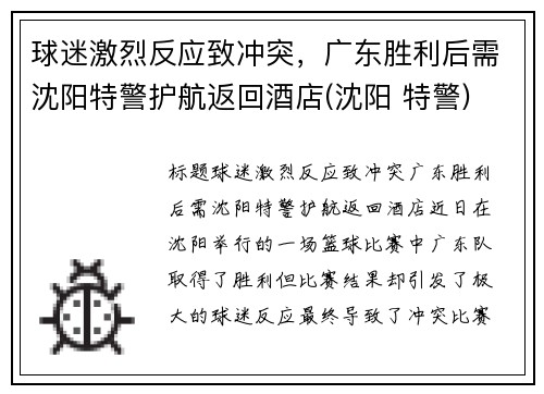 球迷激烈反应致冲突，广东胜利后需沈阳特警护航返回酒店(沈阳 特警)