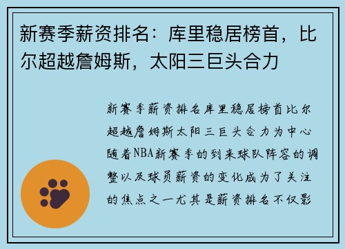 新赛季薪资排名：库里稳居榜首，比尔超越詹姆斯，太阳三巨头合力