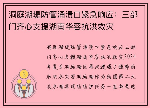 洞庭湖堤防管涌溃口紧急响应：三部门齐心支援湖南华容抗洪救灾