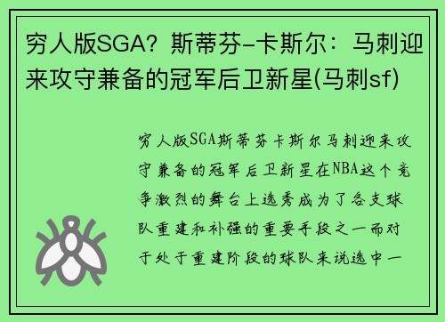 穷人版SGA？斯蒂芬-卡斯尔：马刺迎来攻守兼备的冠军后卫新星(马刺sf)
