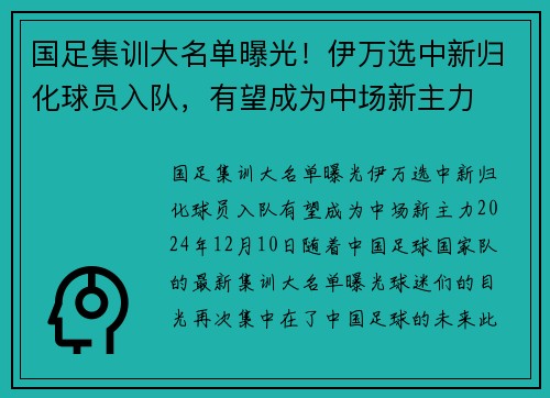 国足集训大名单曝光！伊万选中新归化球员入队，有望成为中场新主力
