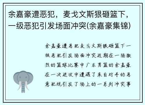 余嘉豪遭恶犯，麦戈文斯狠砸篮下，一级恶犯引发场面冲突(余嘉豪集锦)