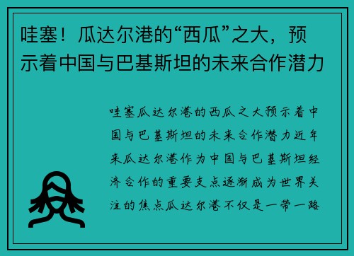 哇塞！瓜达尔港的“西瓜”之大，预示着中国与巴基斯坦的未来合作潜力