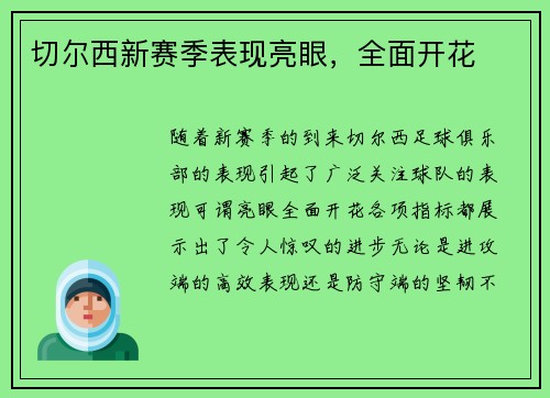 切尔西新赛季表现亮眼，全面开花