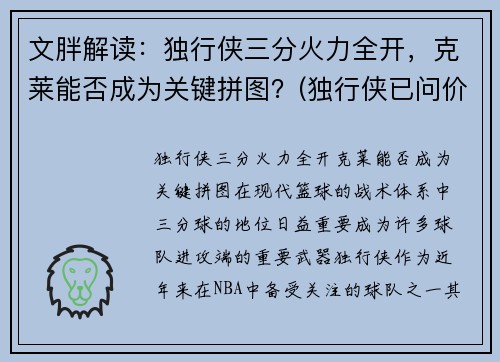 文胖解读：独行侠三分火力全开，克莱能否成为关键拼图？(独行侠已问价拉文)
