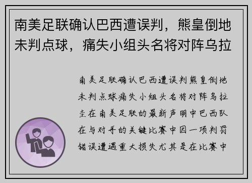 南美足联确认巴西遭误判，熊皇倒地未判点球，痛失小组头名将对阵乌拉圭